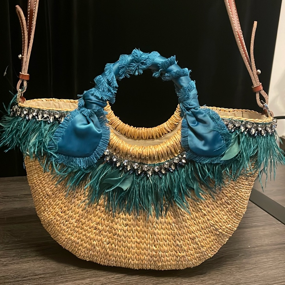 Sam Edelman Eliya Natural Boho Crossbody Bag with Teal Satin and Feathers